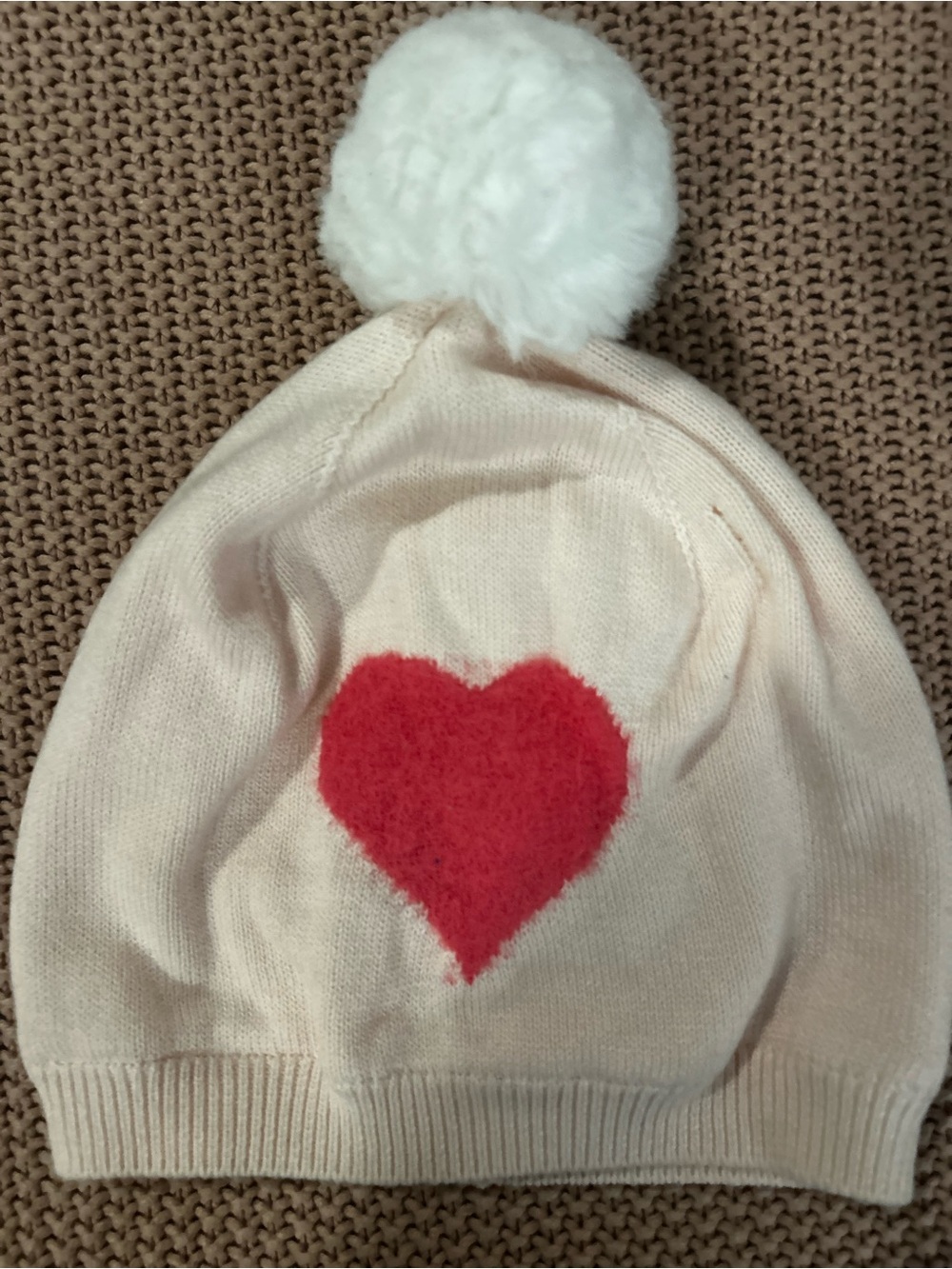 Janie and Jack Girls Heart Pom Pom Knit Beanie Hat Ivory Pink Size 10-12